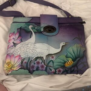 Anuschka Purple and Green Heron Shoulder Bag